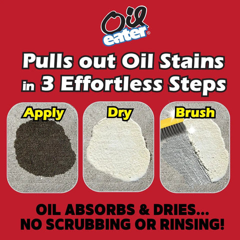 Oil Stain Be Gone Overnight Cleaner showing steps: apply, dry, brush for concrete driveways and garage floors with oil-eating microbes.