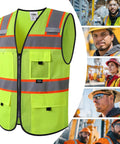Solid High Visibility Reflective Safety Vest With Multiple Pockets Built Tough For Daily Grind Ansi Compliant Yellow Mesh Vest front view with pockets