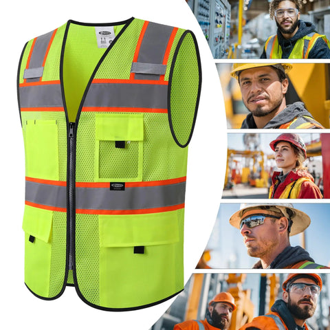 Solid High Visibility Reflective Safety Vest With Multiple Pockets Built Tough For Daily Grind Ansi Compliant Yellow Mesh Vest front view with pockets