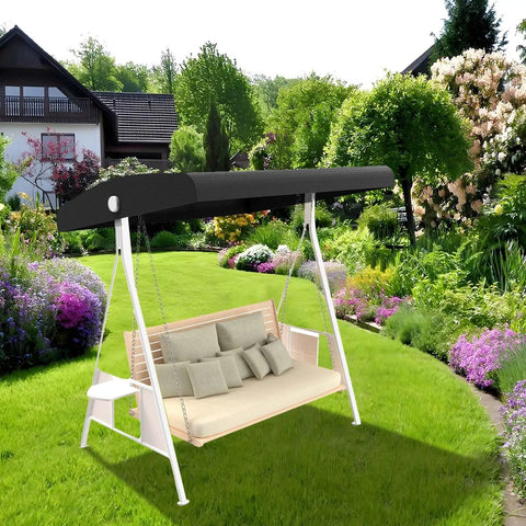 Replacement Canopy For 3 Seater Patio Swing Waterproof Outdoor Top Cover 210D Oxford Cloth Black in garden setting