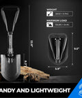 Folding Camping Shovel 22.8 Inches Offroad Ready Survival Shovel Crafted From High Carbon Steel with dimensions and weight shown