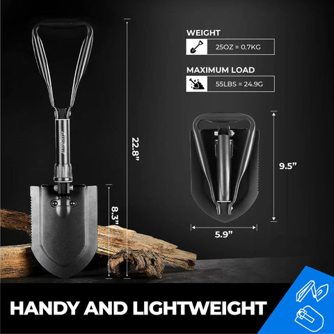Folding Camping Shovel 22.8 Inches Offroad Ready Survival Shovel Crafted From High Carbon Steel with dimensions and weight shown