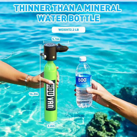 Comparison of Mini 0.5L Scuba Tank Portable Inflatable Dive Tank DOT Certified and water bottle held by hands over water