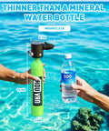 Pocket Size 0.5L Inflatable Mini Scuba Tank Portable Dive Gear DOT Certified shown thinner than a water bottle with dimensions.