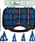 260Pcs Concrete Screws With Drill Bit DIY Friendly Assortment Kit in case, showing screws and drill bits, blue Ruspert coating