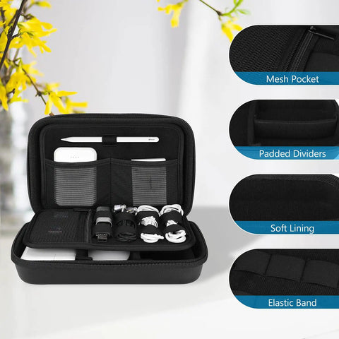 Hard Travel Electronic Organizer Case with open view showing mesh pocket, padded dividers, elastic bands, and soft lining.