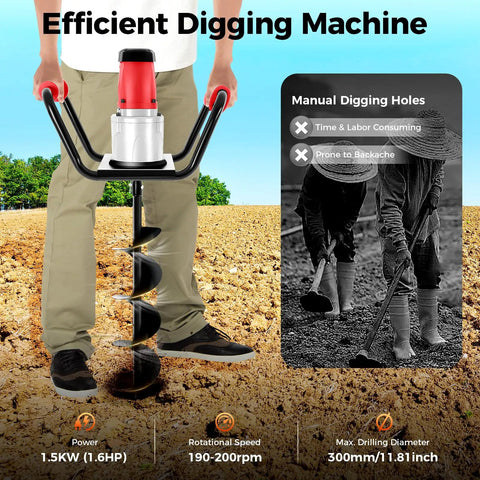 Heavy Duty Electric Post Hole Digger With Six Inch Auger Bit For Quick Soil Drilling 1.5KW Motor shown in action outdoors