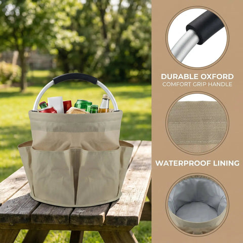 17L Foldable Storage Bag Tote, Your All In One Go To Organizer For Outdoor Picnics, Camping Gear, Garden Tools, Bathroom Toiletries, Beach Day Essentials, Cleaning Supplies, And Home Use, Portable Khaki on a picnic table