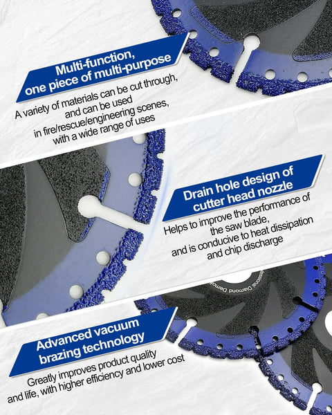 Close-up view of 9 Inch Metal Cutting Diamond Blade for Rebar Sheet Metal Angle Iron and Stainless Steel, highlighting vacuum brazed design.