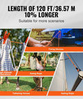 Image showing various uses of 120 ft rope: fixing devices, high-altitude operations, swing, tethering horses, and sailing.
