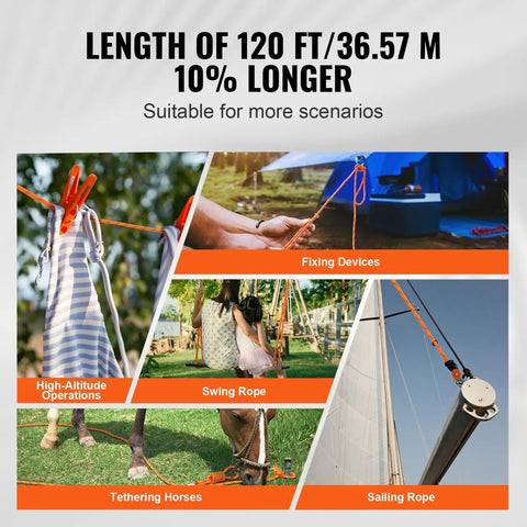 Image showing various uses of 120 ft rope: fixing devices, high-altitude operations, swing, tethering horses, and sailing.