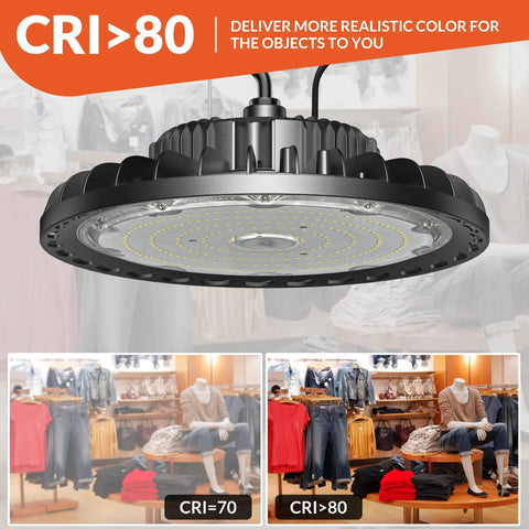 Ridiculously Bright 150W LED High Bay Light With 21000 Lumens 5000K Waterproof UFO Fixture for warehouse and retail, CRI comparison