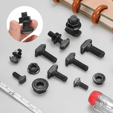 12 Piece Heavy Duty M6 T Slot Drop In Bolts Black Carbon Steel with Hex Flange Nuts on a gray surface.