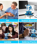 Hands On Soldering Practice Project Kit For DIY Globe And Planetary Motion Rotating Universe Model Electronic Kit with Music displayed in various settings, including a classroom and desk.