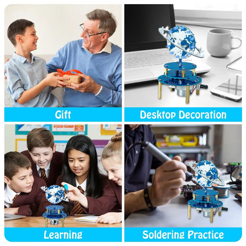 Hands On Soldering Practice Project Kit For DIY Globe And Planetary Motion Rotating Universe Model Electronic Kit with Music displayed in various settings, including a classroom and desk.