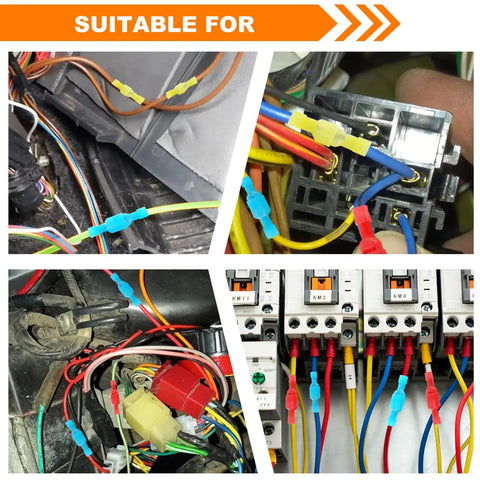 Various uses of 112 Piece Nylon Spade Connector Kit With Quick Disconnects, in automotive and DIY electrical projects.