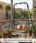 Heavy Duty Free Standing Hammock Chair Stand With Anti Slip Foot Pads And Two Carabiners For Indoor And Outdoor Kick Back Relaxation Sturdy Four Side And Rear Crossbar Frame Supports Up To 330 Pounds Black on patio