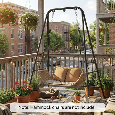 Heavy Duty Free Standing Hammock Chair Stand With Anti Slip Foot Pads And Two Carabiners For Indoor And Outdoor Kick Back Relaxation Sturdy Four Side And Rear Crossbar Frame Supports Up To 330 Pounds Black on patio