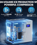 Commercial Ice Maker Machine 550 Lbs Per Day 22 Inch Wide Industrial Ice Machine With Large Storage Bin Ice Ready In 5-15 Minutes Stainless Steel ETL Approved Ice Maker For Restaurants And Bars in an illuminated setting showing internal components.