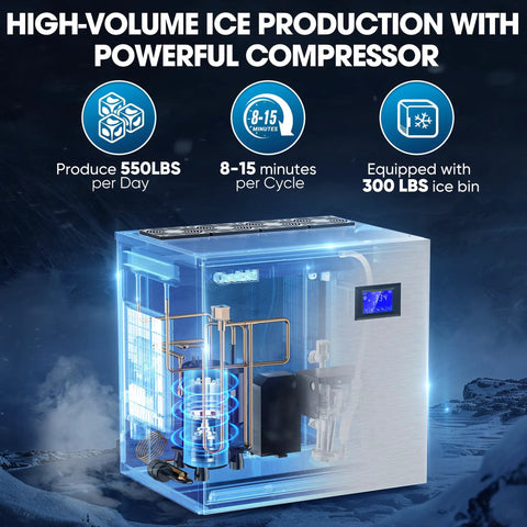 Commercial Ice Maker Machine 550 Lbs Per Day 22 Inch Wide Industrial Ice Machine With Large Storage Bin Ice Ready In 5-15 Minutes Stainless Steel ETL Approved Ice Maker For Restaurants And Bars in an illuminated setting showing internal components.