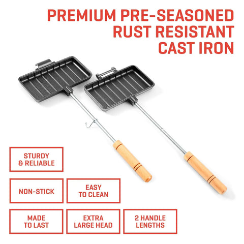 XL Cast Iron Pie Iron Sandwich Maker For Campfire Cooking with premium pre-seasoned rust-resistant cast iron and removable handles.