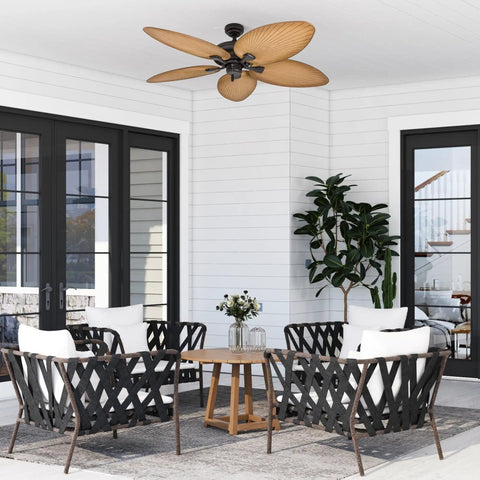 Palm Island 52 Inch Tropical Indoor Outdoor Ceiling Fan With No Light Pull Chain Two Mounting Options Five Palm Leaf Blades Damp Rated For Porches And Garages Up To 400 Sq Ft For That Chill Tropical Vibe installed on porch