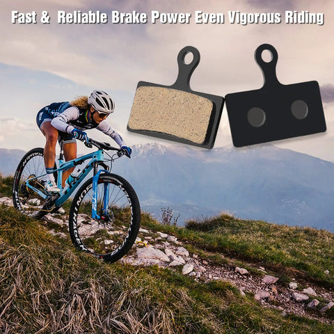 Four Pairs Bicycle Disc Brake Pads For Mountain Bike Riders With Three Essential Installation Tools and cyclist riding MTB