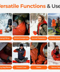 Eight images showing uses of Ultralight Emergency Sleeping Bag Bivy Sack Waterproof Mylar Thermal Reflective Blanket in winter settings