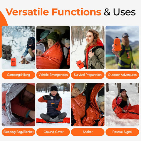 Eight images showing uses of Ultralight Emergency Sleeping Bag Bivy Sack Waterproof Mylar Thermal Reflective Blanket in winter settings
