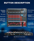Eight Channel DJ Mixer For Home Studio And Live Gigs With Bluetooth And USB MP3 Playback Pro EQ XLR And One Quarter Inch Inputs