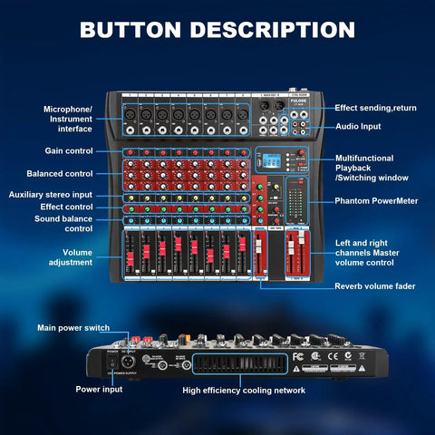 Eight Channel DJ Mixer For Home Studio And Live Gigs With Bluetooth And USB MP3 Playback Pro EQ XLR And One Quarter Inch Inputs