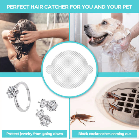 Disposable Shower Drain Hair Catcher Mesh Stickers Peel And Stick Drain Strainer with images of shower, dog bath, jewelry, and cockroach