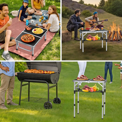 Collage showing Folding Camping Table With Aluminum Build 24 Inch By 16 Inch Portable Table used for picnic, BBQ, and campfire setups.