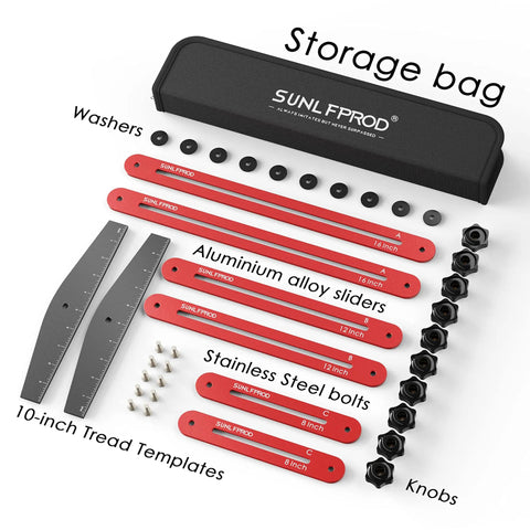 Premium Adjustable Stair Tread Template And Rock Solid Woodworking Gauge For Hella Easy Measurements With Adjustable Length Extensions For Any Floor Leveling Or Deck Project That Delivers Big Time Accuracy On Site - Storage bag with aluminum alloy sliders and stainless steel bolts.