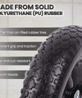 Close-up of Flat Free Wheelbarrow Tire And Wheel Set, 14.5 Inch Solid Wheel With 3 Inch Hub, made from solid polyurethane.