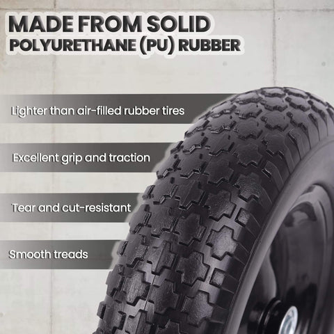 Close-up of Flat Free Wheelbarrow Tire And Wheel Set, 14.5 Inch Solid Wheel With 3 Inch Hub, made from solid polyurethane.