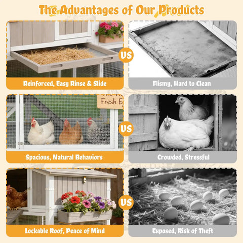 Comparison between Large Chicken Coop With Four Nesting Boxes For Four To Six Hens Outdoor Wooden Poultry Cage features and flaws of other designs