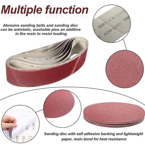 Woodworking Sanding Belts and Discs Set for Bench Sander DIY Friendly showing belts and self-adhesive discs with grit details