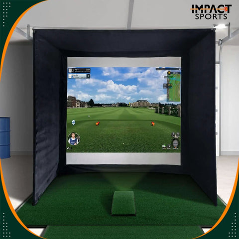 Indoor Golf Simulator Enclosure With Impact Screen Easy Setup Home Practice Cage for garage use, black with green mat