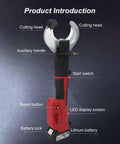 Heavy Duty Electric Hydraulic Cable Cutter with LED Display and Carrying Case for Copper Aluminum Armor Wires up to 85mm features cutting head and battery.