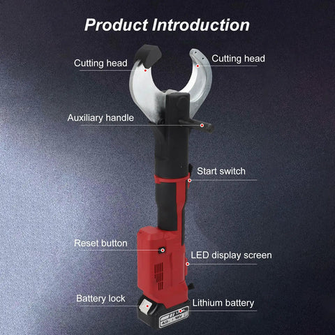 Heavy Duty Electric Hydraulic Cable Cutter with LED Display and Carrying Case for Copper Aluminum Armor Wires up to 85mm features cutting head and battery.
