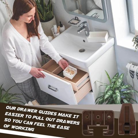 Premium Plastic Drawer Slide And Guide Replacement Kit With All Necessary Screws For Straight Forward Furniture Repair On Dressers Nightstands And Hutches No Sweat Install Rock Solid Operation Brown shown in use with a drawer.
