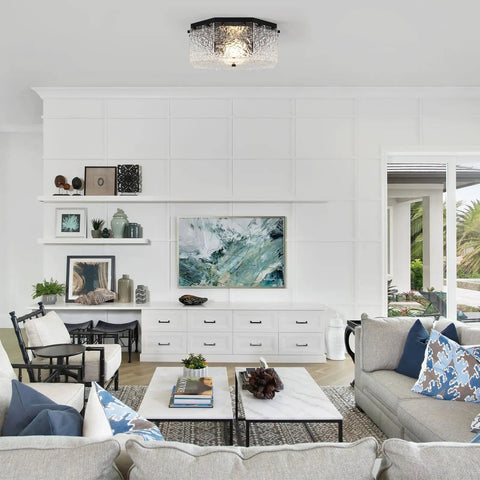 Modern living room with Gold Brushed Brass Sputnik Ceiling Mount 8 Light Chandelier, ideal for low ceiling spaces in dining room.
