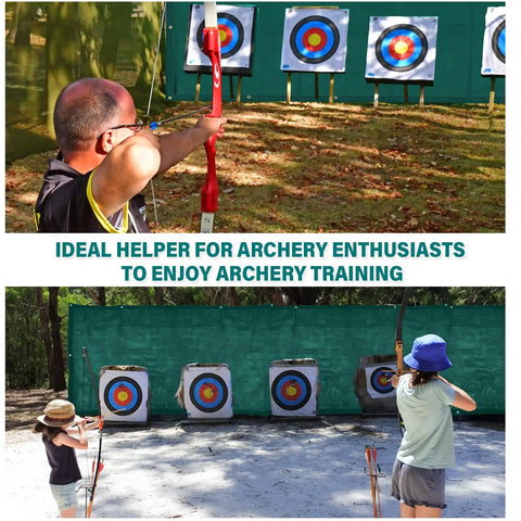 5x10 Foot Archery Backstop Net For Backyard Practice And Outdoor Target Shooting shown behind archers aiming at targets