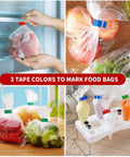 No Sweat Heavy Duty Bag Sealer With Razor Edge Trimmer And Six Pack Assorted Color Rolls - Rock Solid Steel Poly Tape Dispenser showing fruits, vegetables, and meat bagged securely.