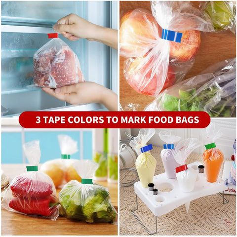 No Sweat Heavy Duty Bag Sealer With Razor Edge Trimmer And Six Pack Assorted Color Rolls - Rock Solid Steel Poly Tape Dispenser showing fruits, vegetables, and meat bagged securely.
