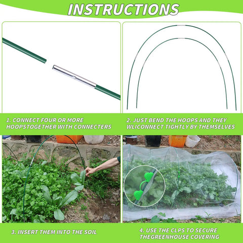 Instructions for DIY Greenhouse Hoops Kit setup with connectors, hoops, and clips shown in garden.