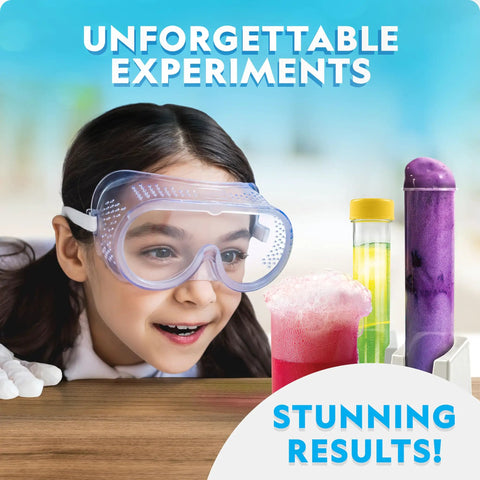 Child with goggles observing experiments in Ultimate Chemistry Kit For Curious Kids 45 Experiments Volcano Eruption Geyser Rocket Launch