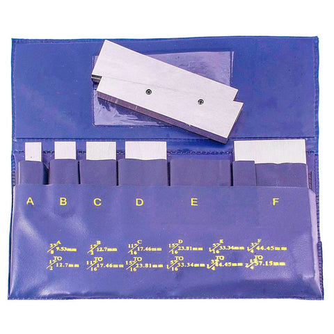 Six Piece Steel Parallel Set From 3/8 Inch To 2-1/4 Inch, Hardened To.0002 Inch, in blue plastic case for machining.