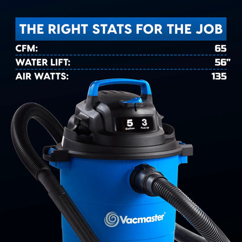 5 Gallon Wet And Dry Shop Vacuum With 3 Peak HP 65 CFM 16 Foot Reach Includes 8 Accessories With Cartridge Dry Filter And Foam Wet Filter VOC507PF in blue with specifications displayed on dark background